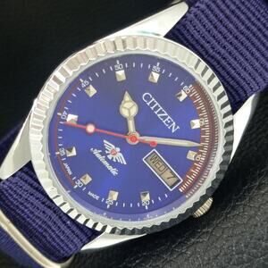 Vintage 1979 Citizen Automatic Mens Silver Watch W/daydate & Blue accents